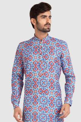 blue/multi colour cotton printed fabric without lining straight kurta churidar for men 3