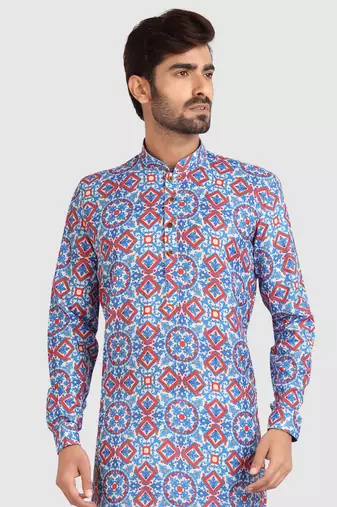 blue/multi colour cotton printed fabric without lining straight kurta churidar for men