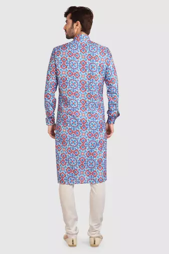 blue/multi colour cotton printed fabric without lining straight kurta churidar for men