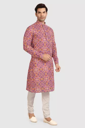 rust/multi colour cotton printed fabric  without lining straight kurta churidar for men