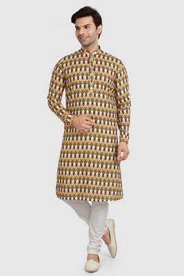 yellow/multi colour cotton printed fabric without lining straight kurta churidar for men 1