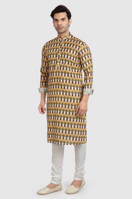 yellow/multi colour cotton printed fabric without lining straight kurta churidar for men 2