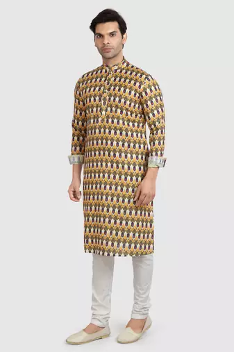 yellow/multi colour cotton printed fabric without lining straight kurta churidar for men