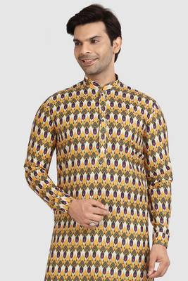 yellow/multi colour cotton printed fabric without lining straight kurta churidar for men 3