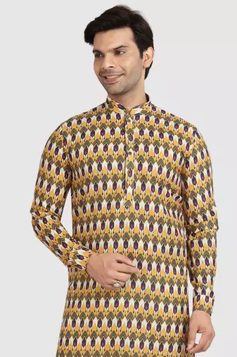 yellow/multi colour cotton printed fabric without lining straight kurta churidar for men