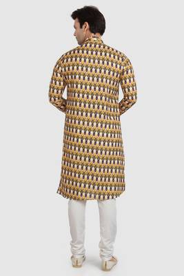 yellow/multi colour cotton printed fabric without lining straight kurta churidar for men 4
