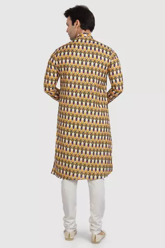 yellow/multi colour cotton printed fabric without lining straight kurta churidar for men