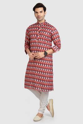 orange /multi colour cotton printed fabric without lining straight kurta churidar for men 2
