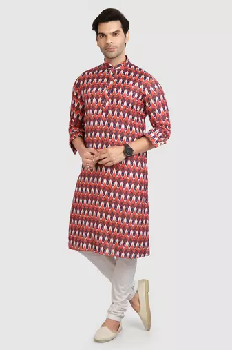 orange /multi colour cotton printed fabric without lining straight kurta churidar for men