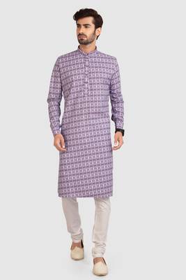 light purple cotton printed fabric  without lining straight kurta churidar for men 1
