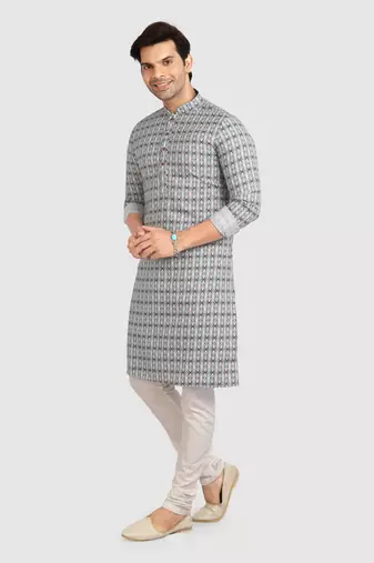 blue cotton printed fabric without lining straight kurta churidar for men