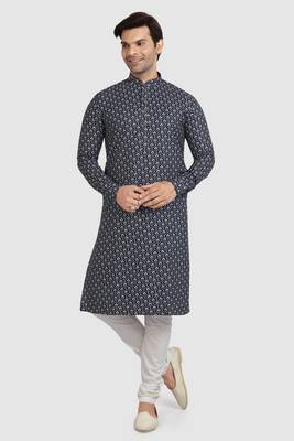 navy blue- white cotton printed fabric without lining straight kurta churidar for men 1