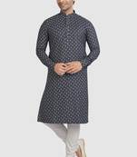 Navy blue- white cotton printed fabric without lining straight kurta for men