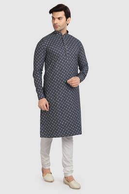 navy blue- white cotton printed fabric without lining straight kurta churidar for men 2