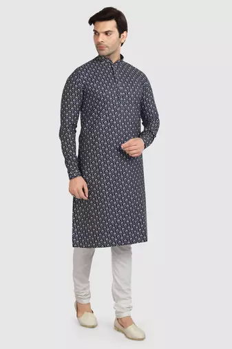navy blue- white cotton printed fabric without lining straight kurta churidar for men