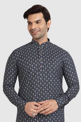 navy blue- white cotton printed fabric without lining straight kurta churidar for men 3