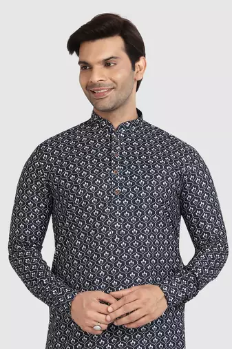 navy blue- white cotton printed fabric without lining straight kurta churidar for men