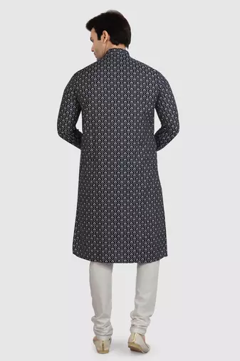 navy blue- white cotton printed fabric without lining straight kurta churidar for men