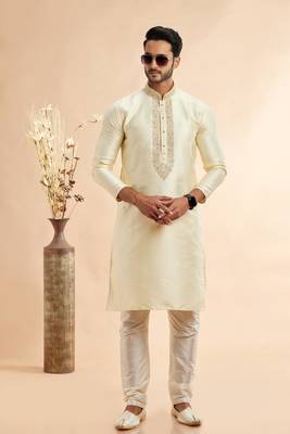 lemon jaquard art silk fabric without lining staright kurta churidar for men 2