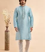 Sky blue jaquard art silk  fabric without lining staright kurta for men