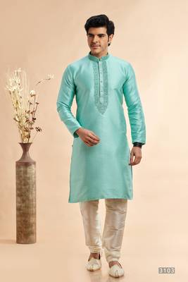greyish teal jaquard art silk  fabric without lining staright kurta churidar for men 1