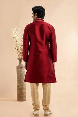maroon jaquard art silk fabric without lining staright kurta churidar for men 4