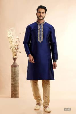 Blue jaquard art silk fabric without lining staright kurta for men 1