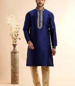 Blue jaquard art silk fabric without lining staright kurta for men