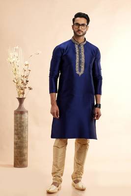 Blue jaquard art silk fabric without lining staright kurta for men 2