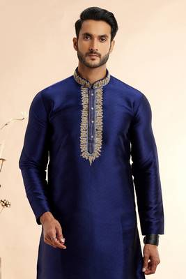 Blue jaquard art silk fabric without lining staright kurta for men 3