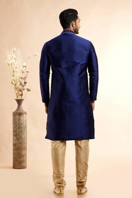 Blue jaquard art silk fabric without lining staright kurta for men 4