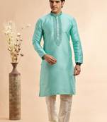 Greyish teal  jaquard art silk fabric without lining only kurta for men