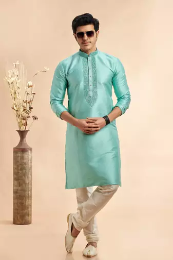 greyish teal  jaquard art silk fabric without lining only kurta for men