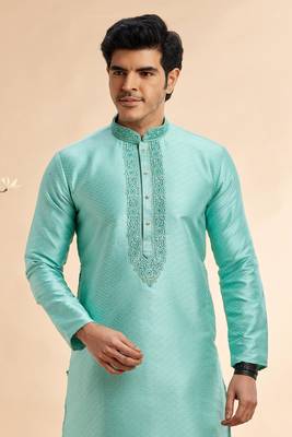 greyish teal  jaquard art silk fabric without lining only kurta for men 3