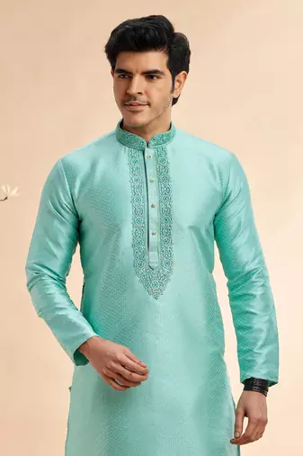 greyish teal  jaquard art silk fabric without lining only kurta for men