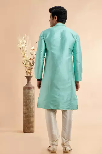 greyish teal  jaquard art silk fabric without lining only kurta for men