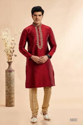 maroon jaquard art silk  fabric without lining only kurta for men 1
