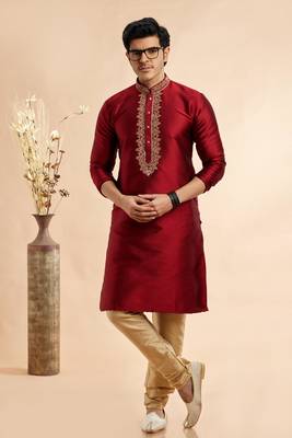 maroon jaquard art silk  fabric without lining only kurta for men 2