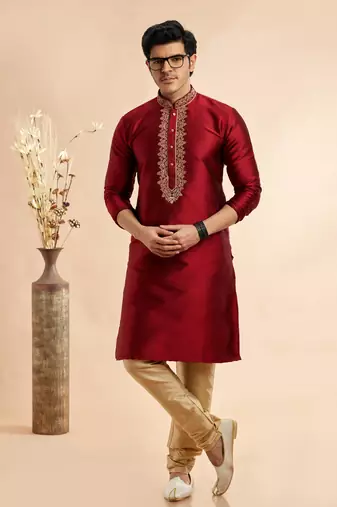 maroon jaquard art silk  fabric without lining only kurta for men