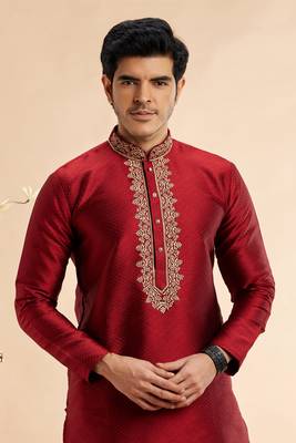 maroon jaquard art silk  fabric without lining only kurta for men 3