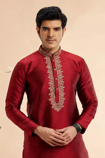 maroon jaquard art silk  fabric without lining only kurta for men