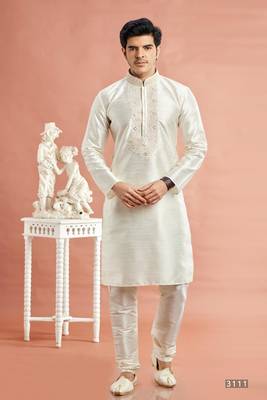cream banarasi art silk fabric without lining kurta churidar for men 1