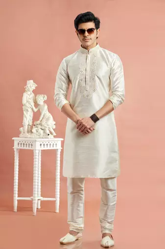cream banarasi art silk fabric without lining kurta churidar for men