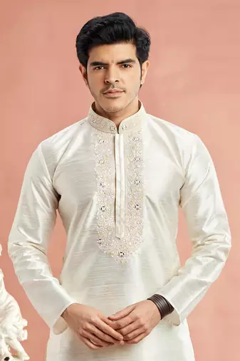 cream banarasi art silk fabric without lining kurta churidar for men