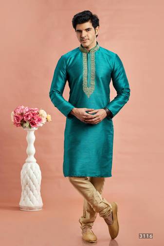 Teal banarasi art silk fabric without lining kurta for men