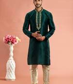 green banarasi art silk fabric without lining kurta for men