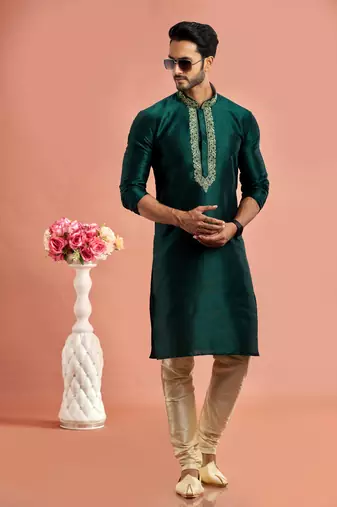 green banarasi art silk fabric without lining kurta churidar for men