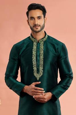 green banarasi art silk fabric without lining kurta churidar for men 3