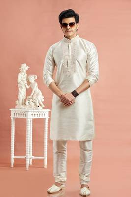 cream banarasi art silk fabric without lining only kurta for men 2
