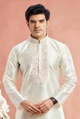 cream banarasi art silk fabric without lining only kurta for men 3